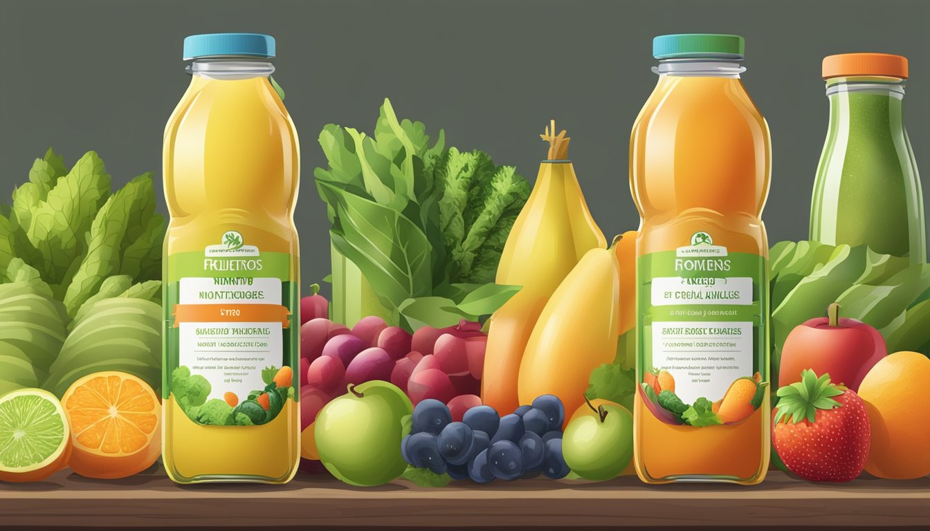 Two juice bottles side by side, surrounded by an array of fresh fruits and vegetables. Nutritional labels displayed prominently