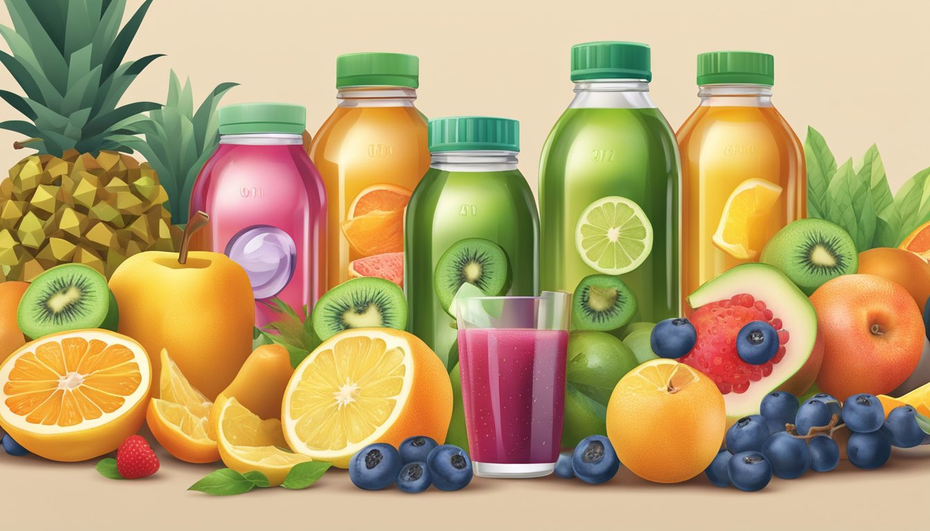 Two brands of fruit juice bottles surrounded by various fruits and ingredients, with a magnifying glass analyzing their nutritional content