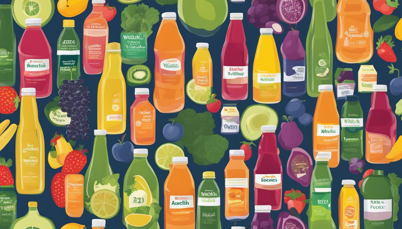 A colorful array of fresh fruits and vegetables, alongside bottles of Welch's and Mott's juices, with nutritional labels and health-related symbols