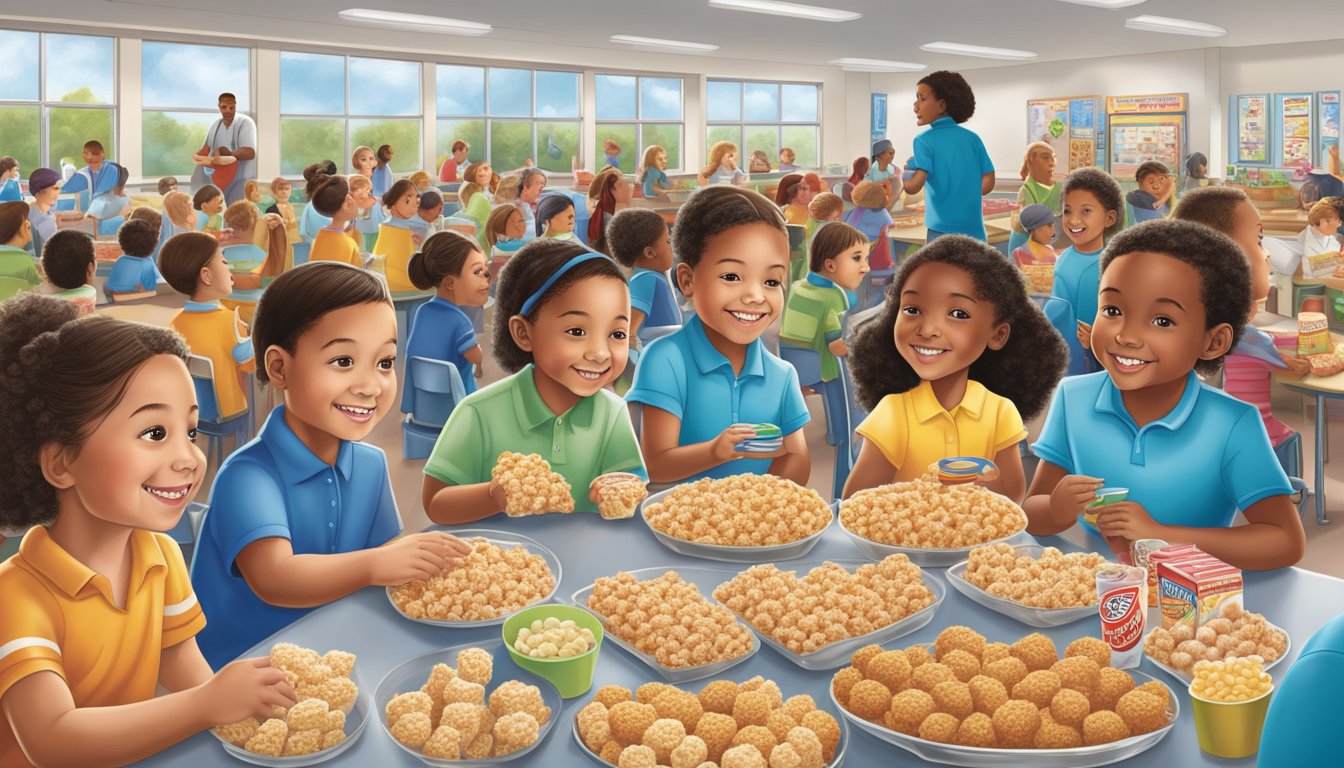 A bustling school cafeteria with kids trading Rice Krispies Treats and Little Debbie snacks, each group representing a different cultural impact on childhood treats