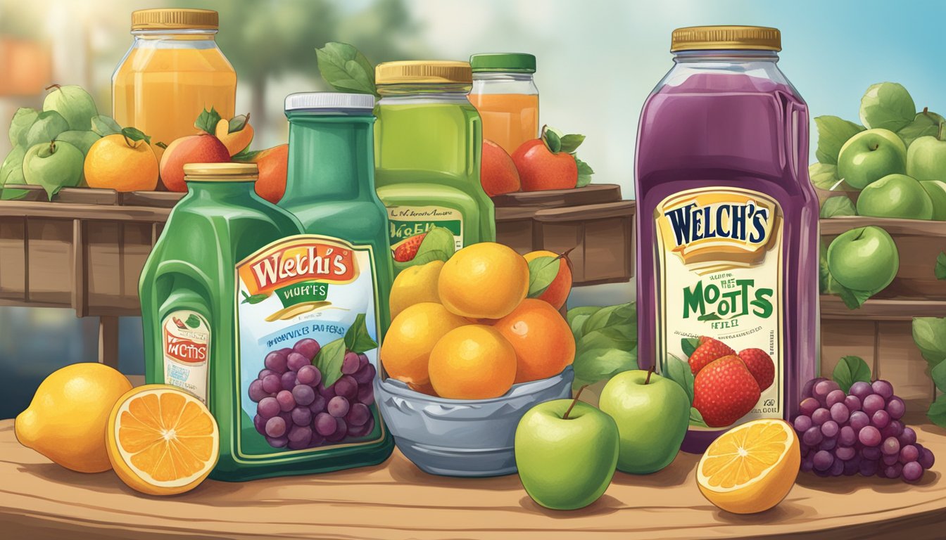 A table with two bottles of juice, one labeled "Welch's" and the other "Mott's," surrounded by scattered fruit and price tags