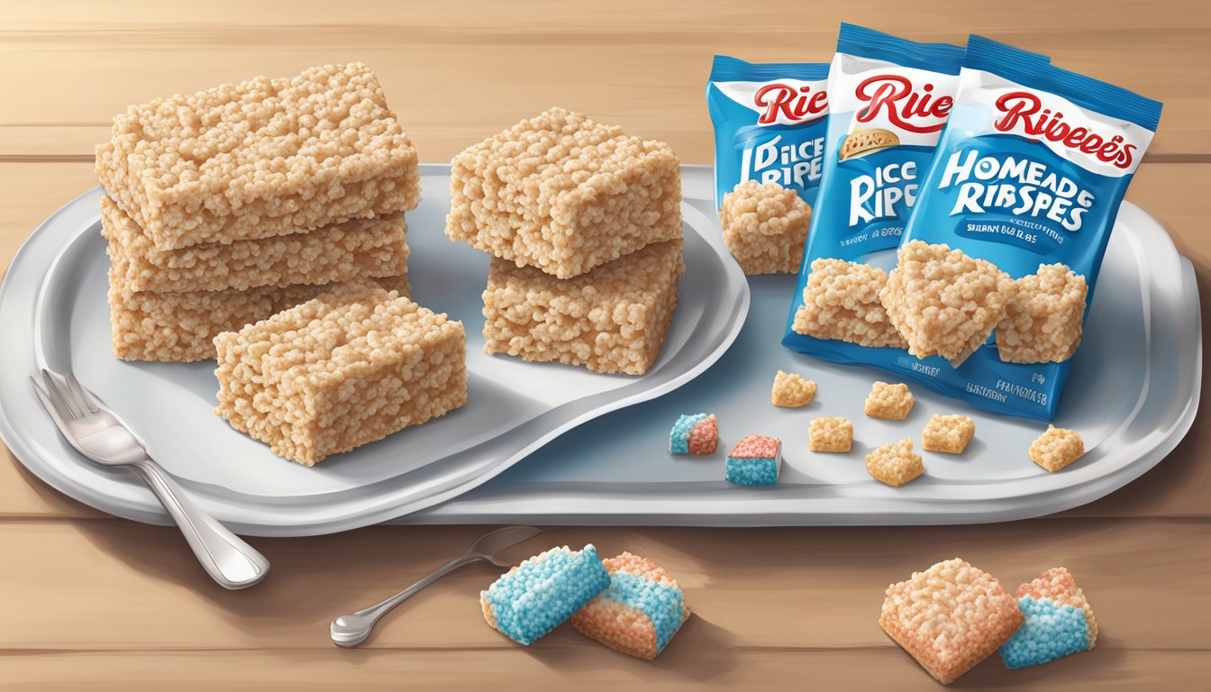 A table with two plates: one with homemade rice krispies treats and the other with Little Debbie packaged snacks. Ingredients and nutrition labels displayed