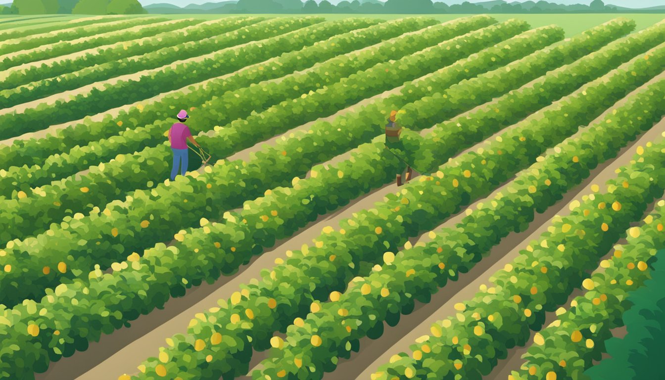 A lush orchard with neatly aligned rows of fruit trees. Workers tend to the trees using sustainable and ethical farming practices