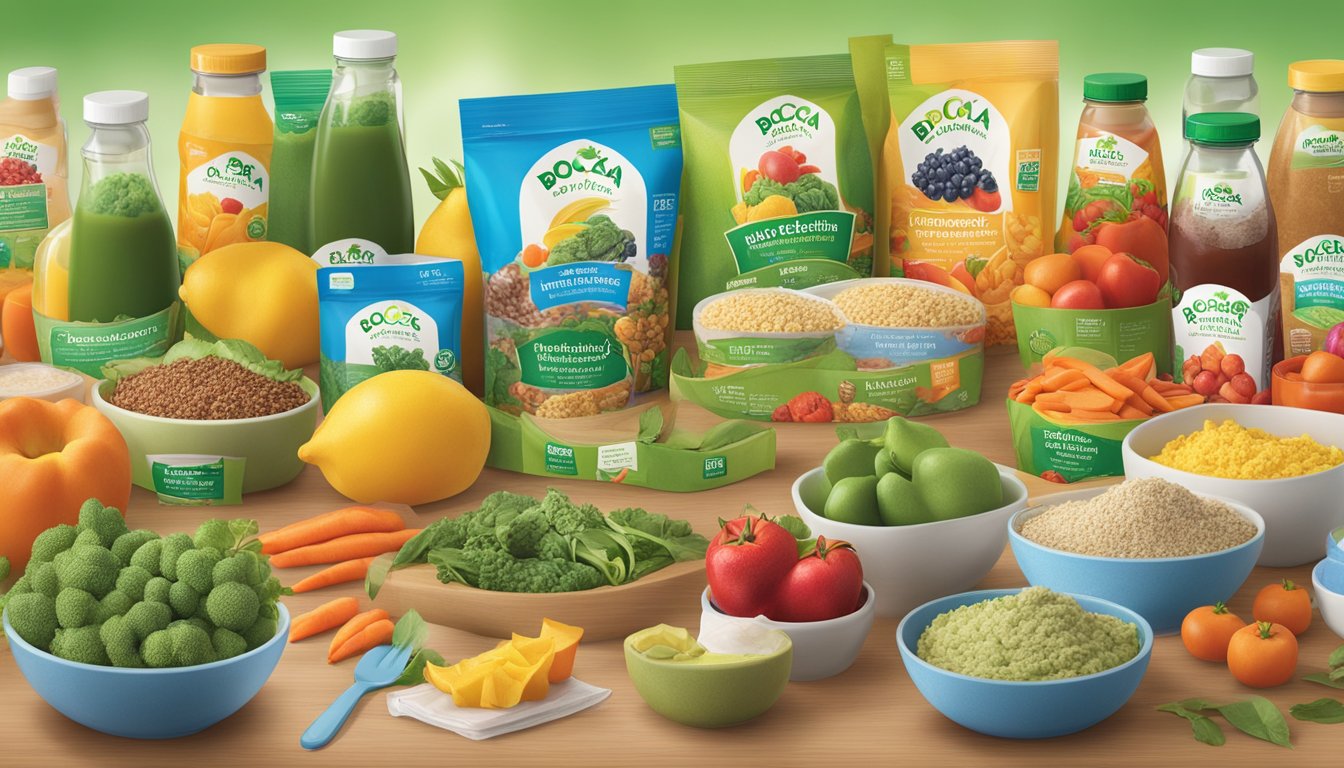 A table displays various BOCA and Morningstar Farms products, surrounded by colorful packaging and fresh ingredients