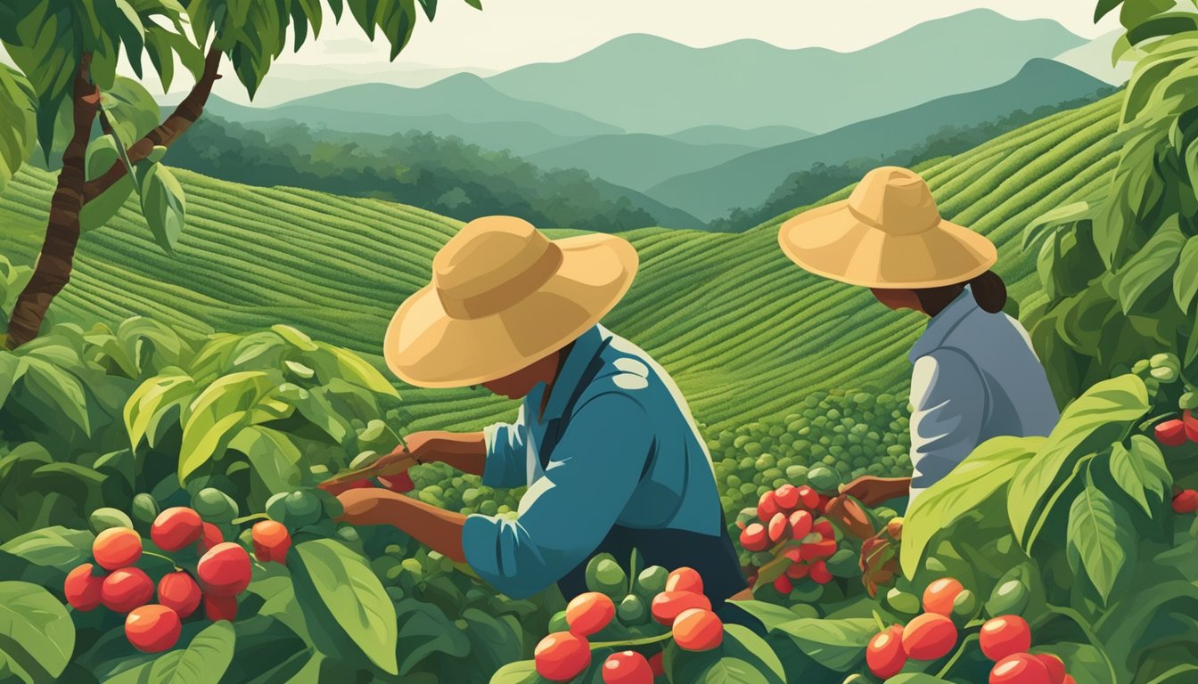 A serene coffee plantation with lush greenery and workers harvesting beans, showcasing the brand philosophy and ethos of Yuban and Chock Full O' Nuts