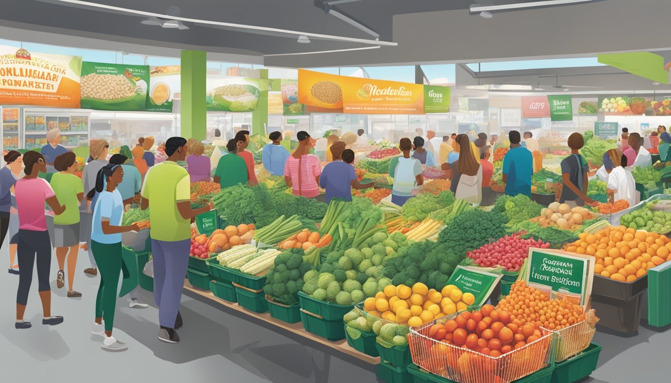 A bustling market with colorful displays of Boca and Morningstar Farms products, surrounded by engaged consumers seeking out plant-based options