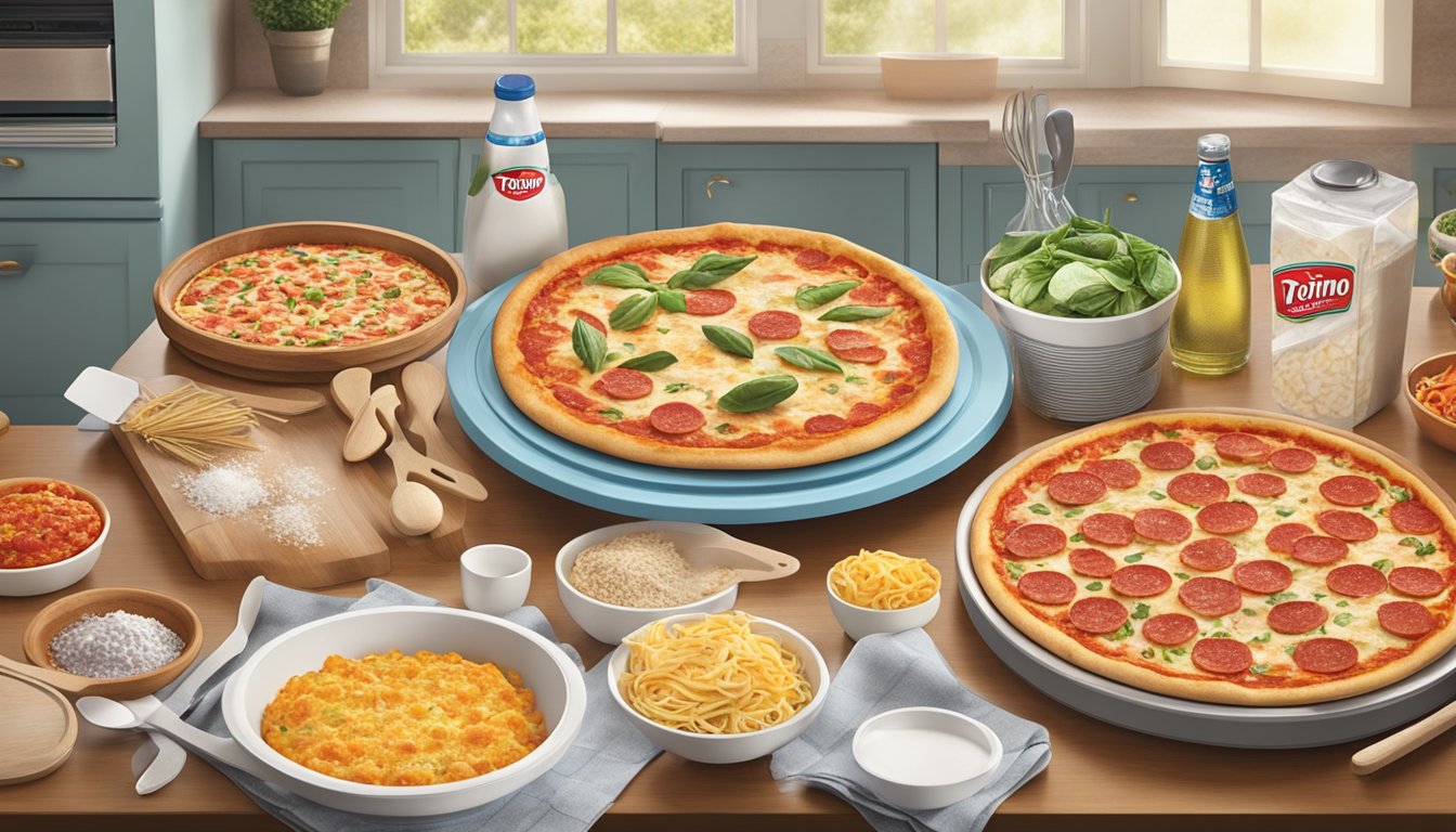 A kitchen counter with Totino's and DiGiorno frozen pizzas, surrounded by ingredients and cooking utensils