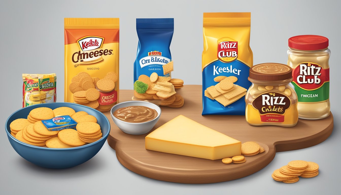 A table with opened packages of Keebler Club and Ritz crackers, surrounded by various types of cheese and spreads for comparison