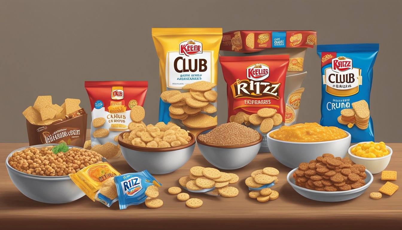 A table with open packages of Keebler Club and Ritz crackers, crumbs, and a variety of spreads and toppings for taste and texture analysis