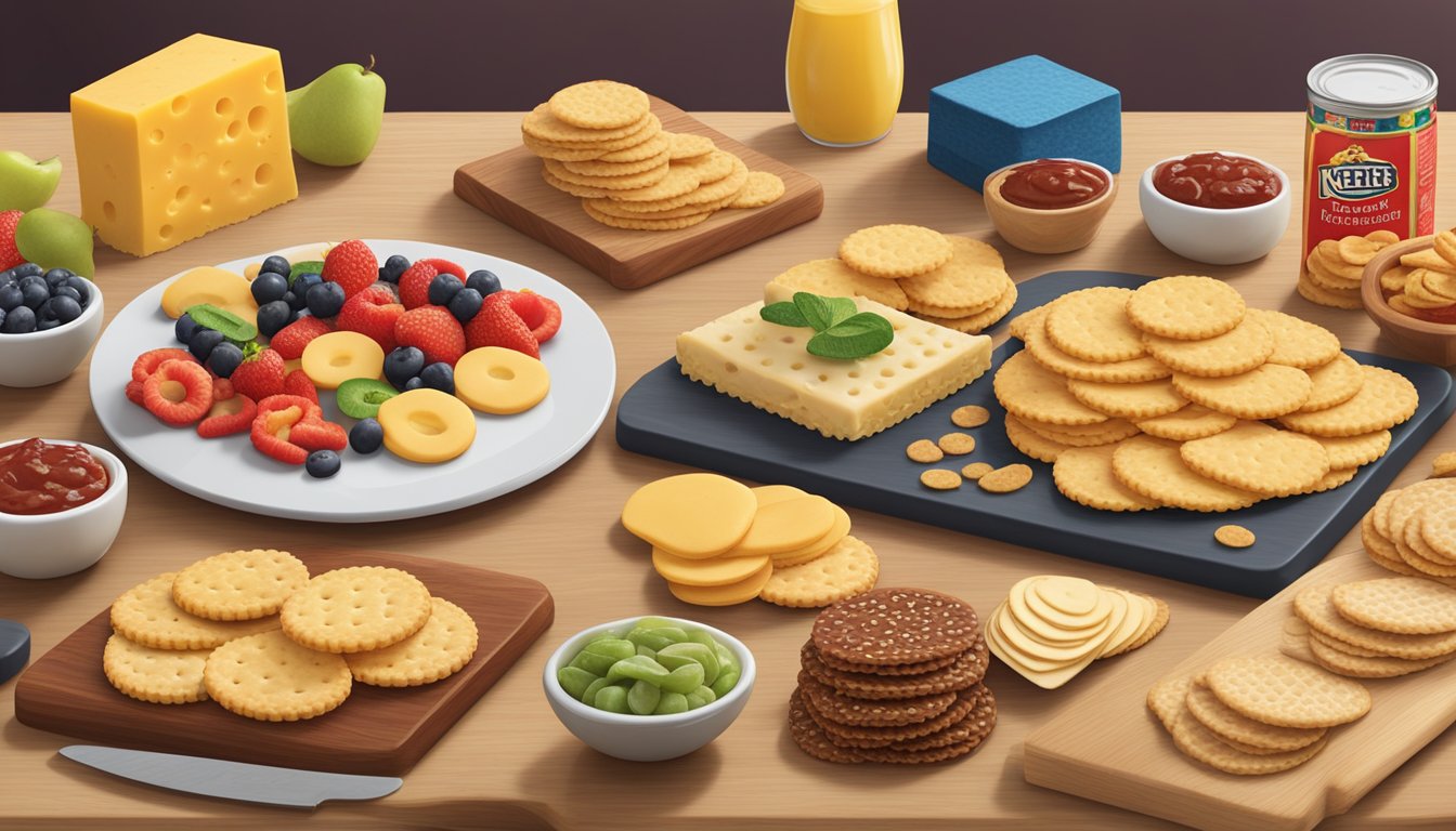 A spread of Keebler Club and Ritz crackers arranged on a wooden cutting board, with various toppings such as cheese, fruit, and spreads nearby