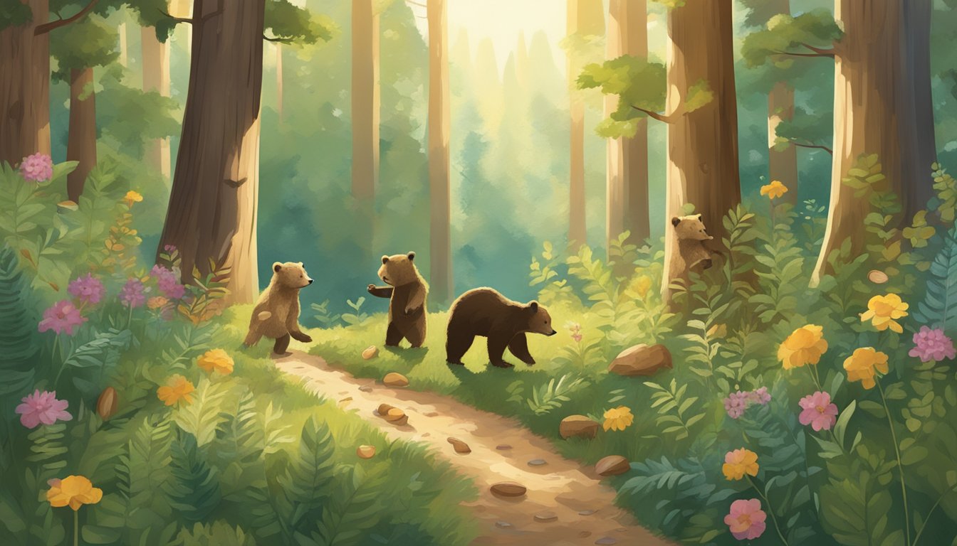 A lush, sun-dappled forest clearing with two bear cubs playfully interacting among a variety of wholesome, natural ingredients such as nuts, seeds, and grains