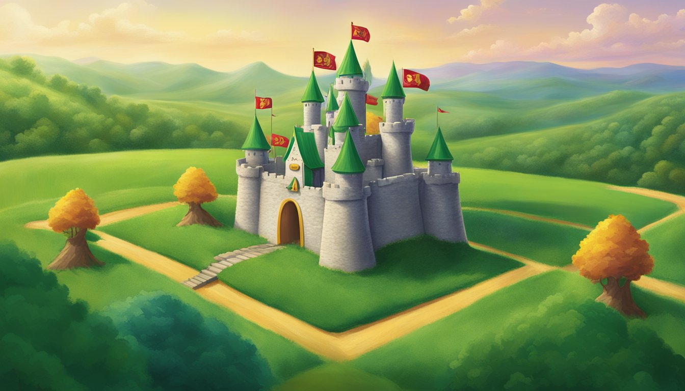 A lush green field with two towering cookie castles, one adorned with the Keebler Club logo and the other with the Ritz emblem, as they stand in fierce competition