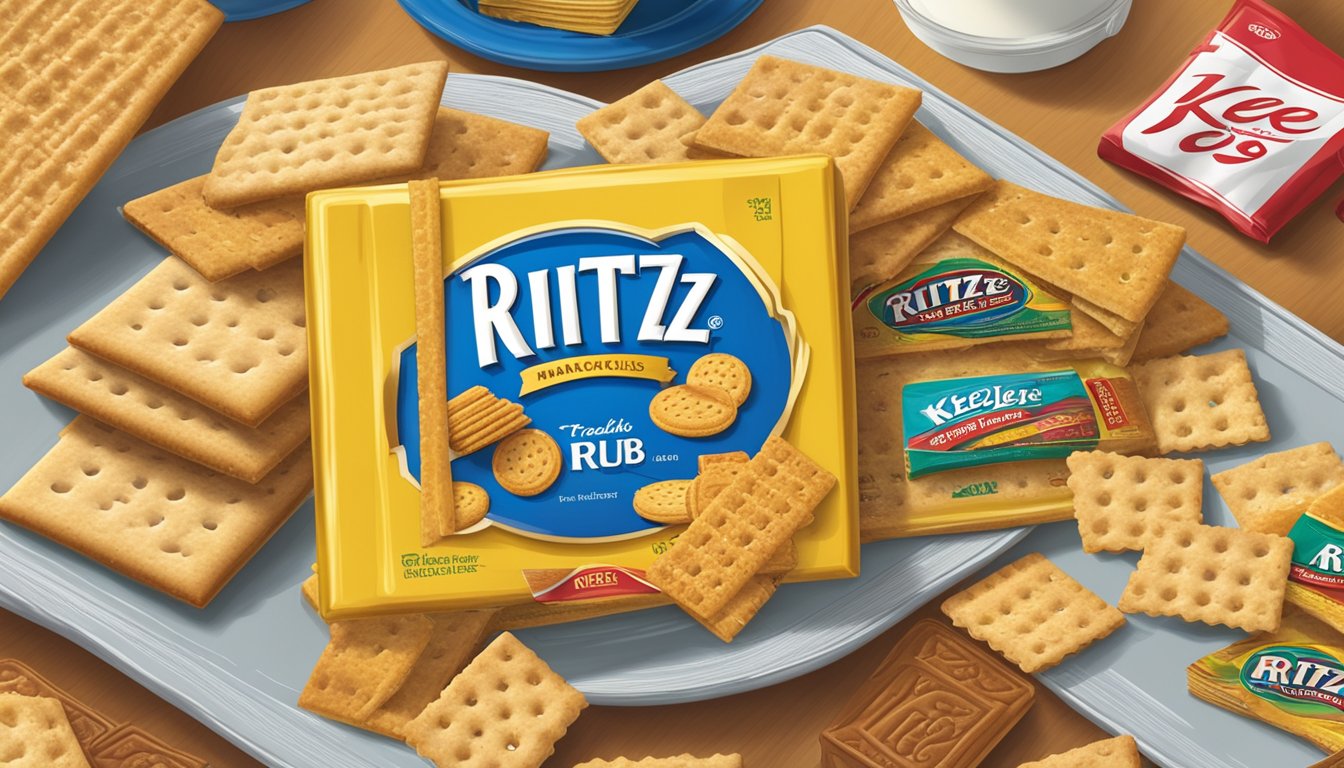 A table with two plates of crackers, one labeled "Keebler Club" and the other "Ritz," surrounded by various marketing and branding materials