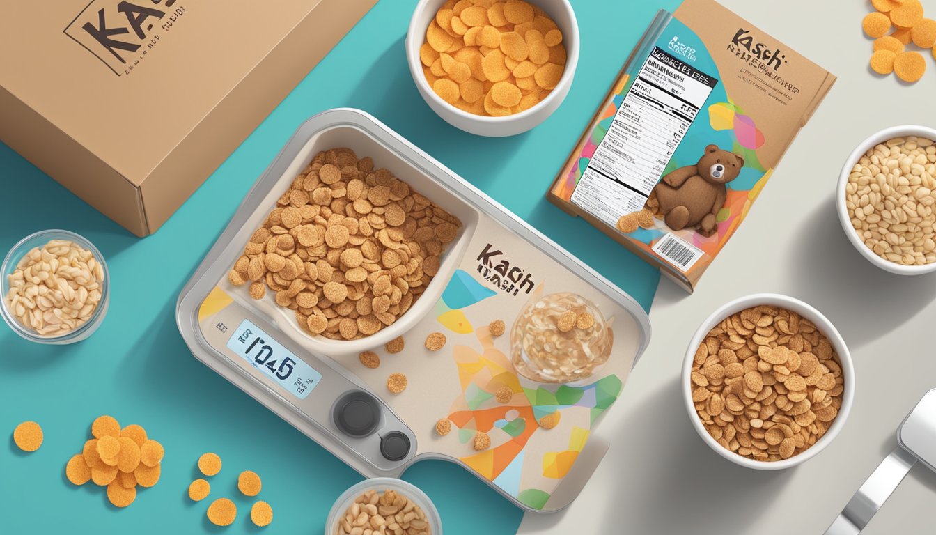 A table with open boxes of Kashi and Bear Naked cereal, surrounded by scattered nutritional content labels and a digital scale