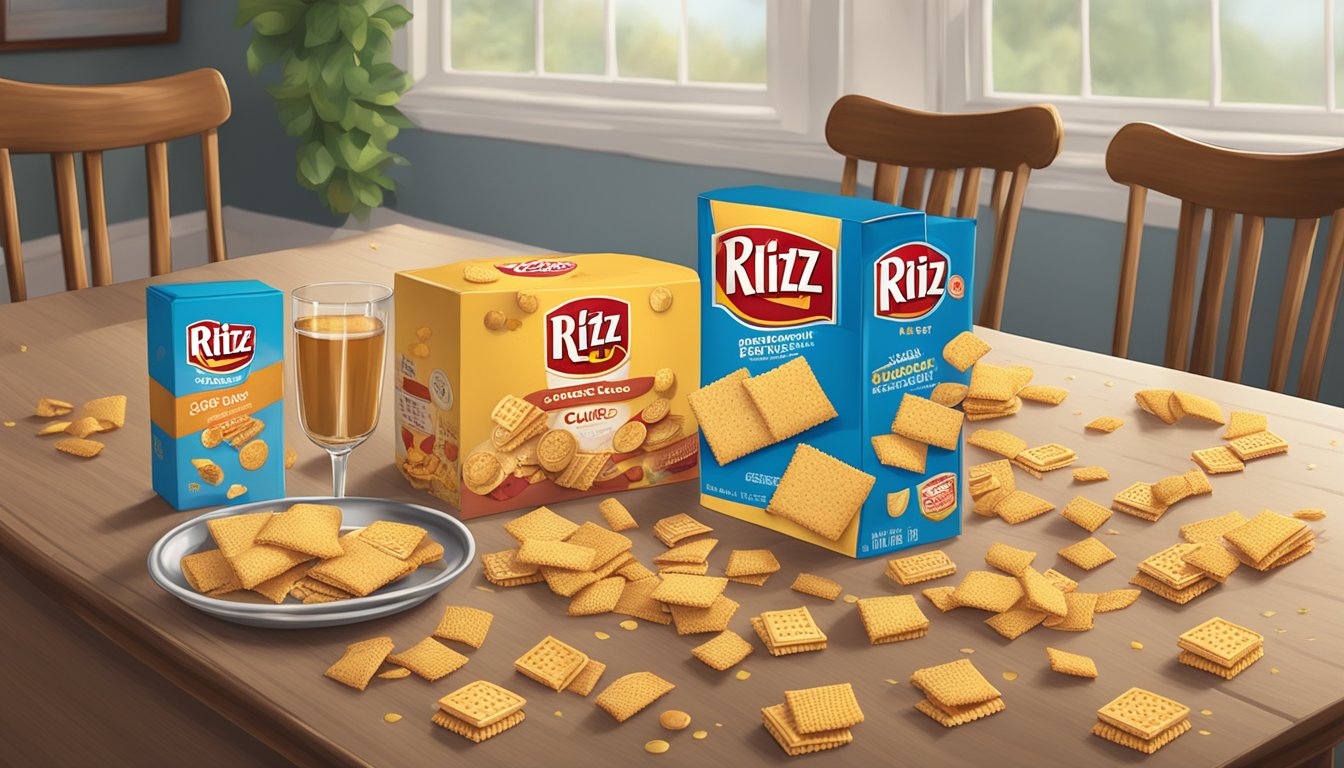 A table set with open packages of Keebler Club and Ritz crackers, surrounded by scattered crumbs and empty glasses