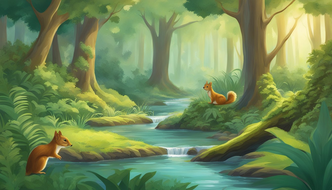 A lush forest with a clear stream, where Peter Pan and Skippy the squirrel coexist peacefully