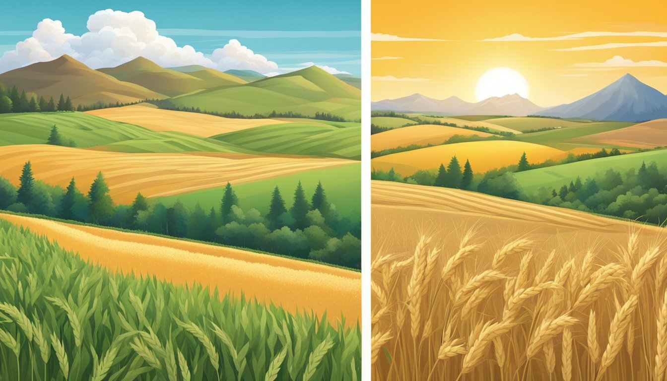 Two contrasting cereal boxes surrounded by fields of wheat and oats. Kashi box features organic farms, while Bear Naked box shows rugged mountains