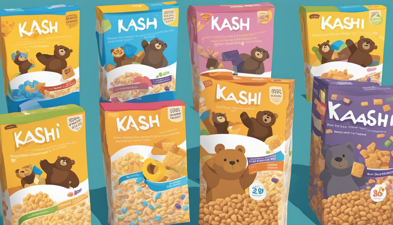 Two cereal boxes side by side, one labeled "Kashi" and the other "Bear Naked." Each box is surrounded by question marks and controversy symbols