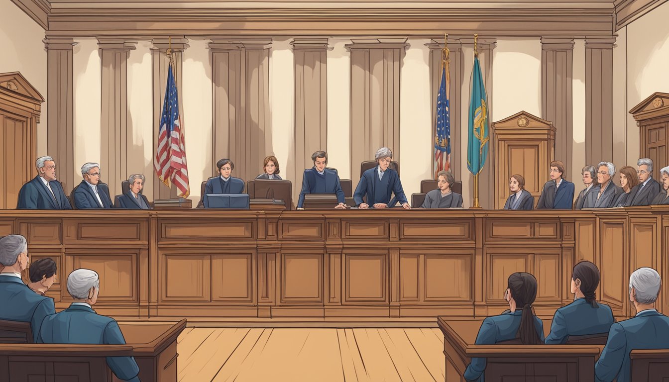 A courtroom with two opposing legal teams presenting arguments and evidence in front of a judge and jury