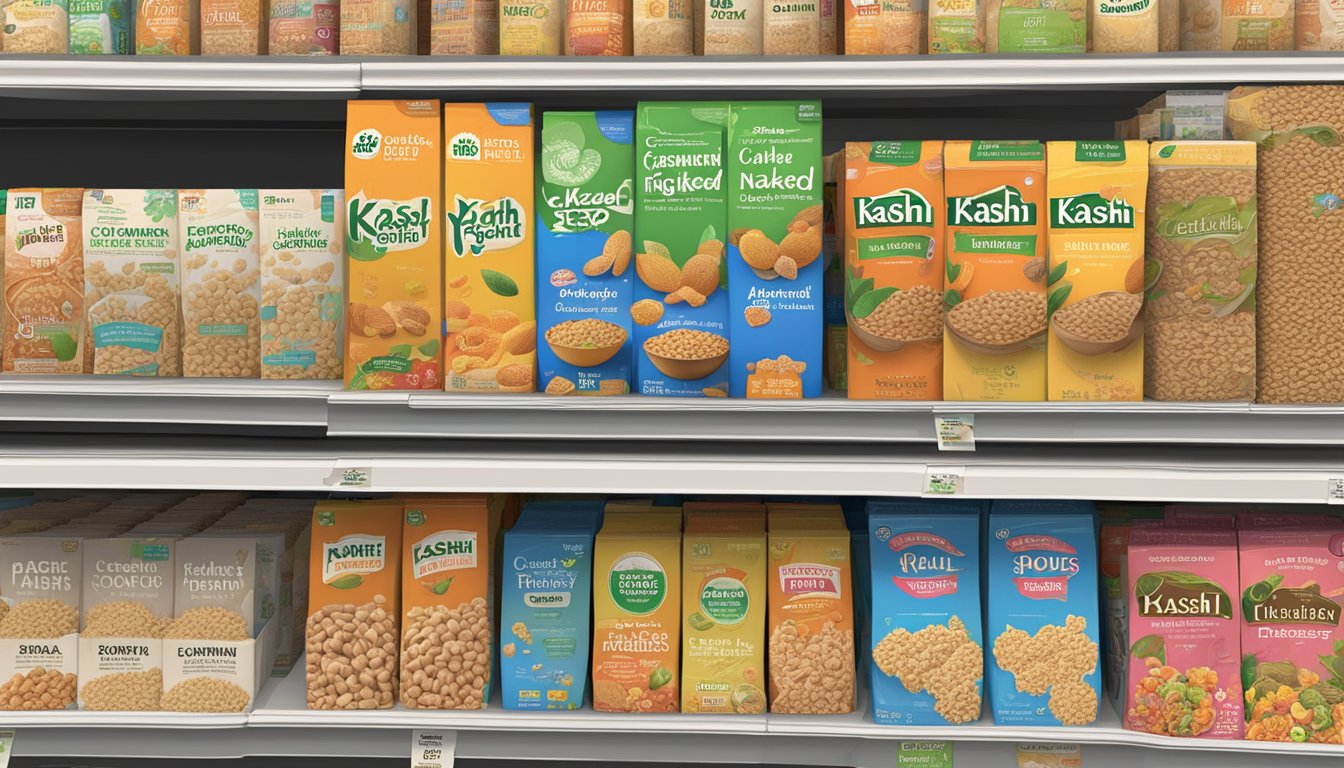 A grocery store shelf displays Kashi and Bear Naked cereal boxes side by side, with a prominent "Consumer Rights and Impacts" sign above them