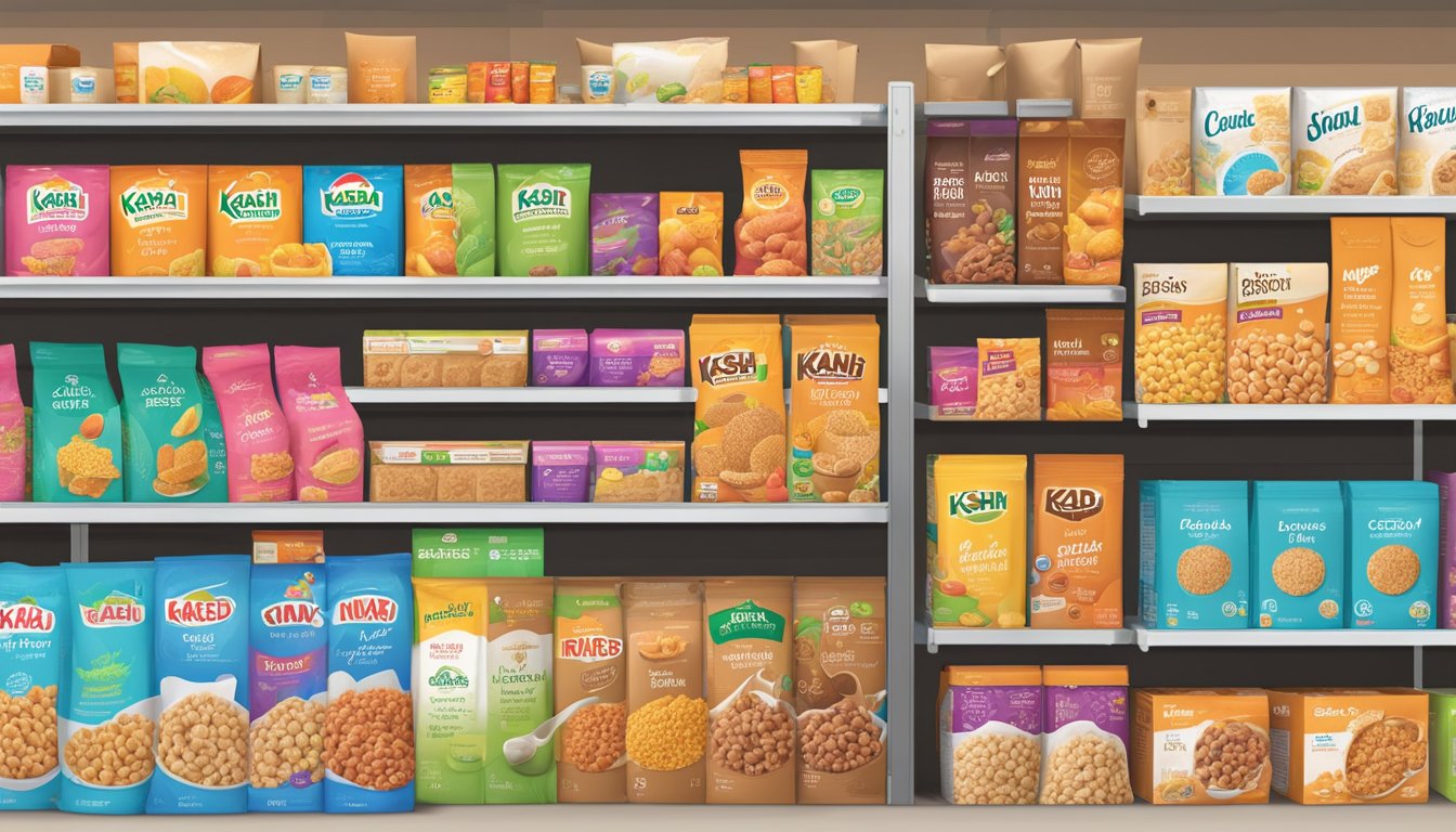 Two cereal boxes, Kashi and Bear Naked, stand side by side on a grocery store shelf, surrounded by colorful packaging and other breakfast options