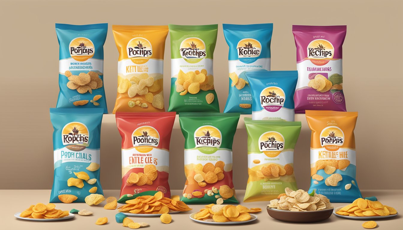 A table displays a variety of popchips and kettle brand snacks, arranged in an inviting manner. The colorful packaging stands out against a neutral background, creating a visually appealing snack landscape