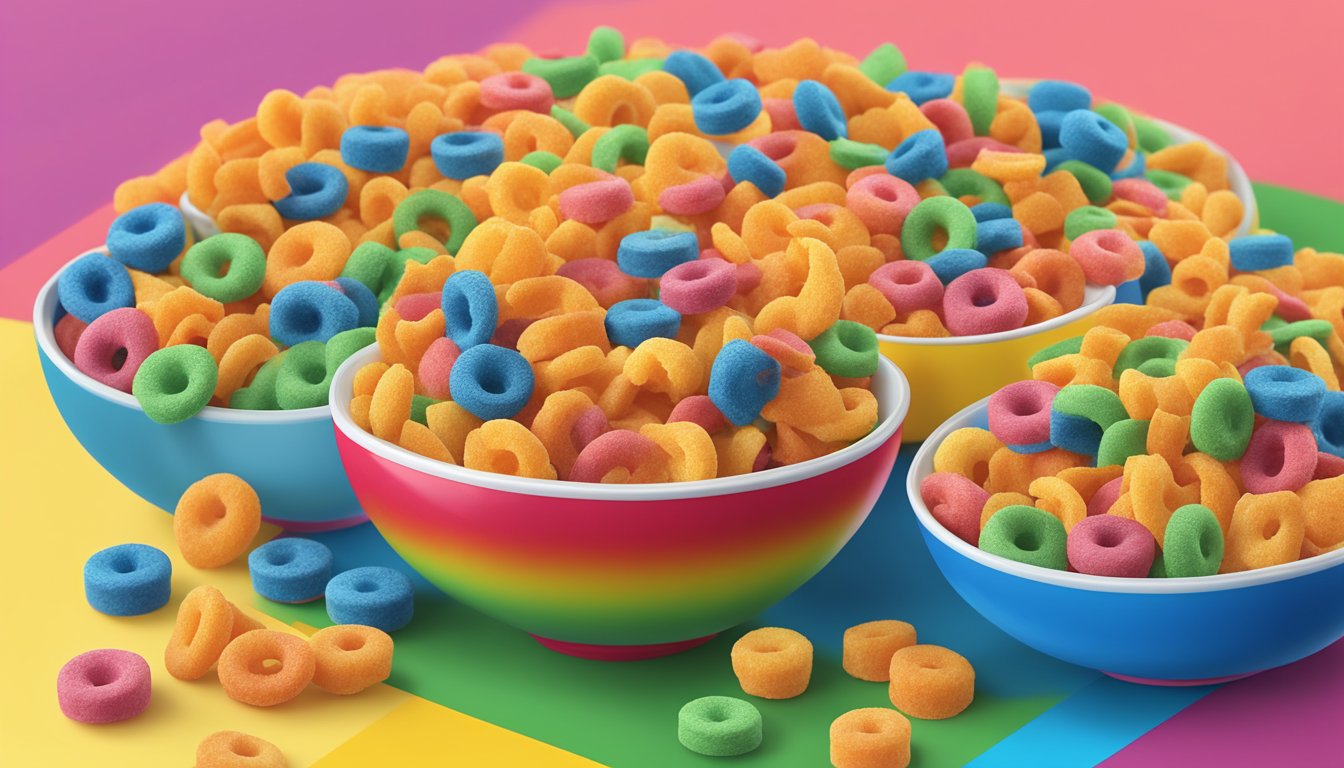 A bowl of Cap'n Crunch and Froot Loops cereal next to each other on a colorful table