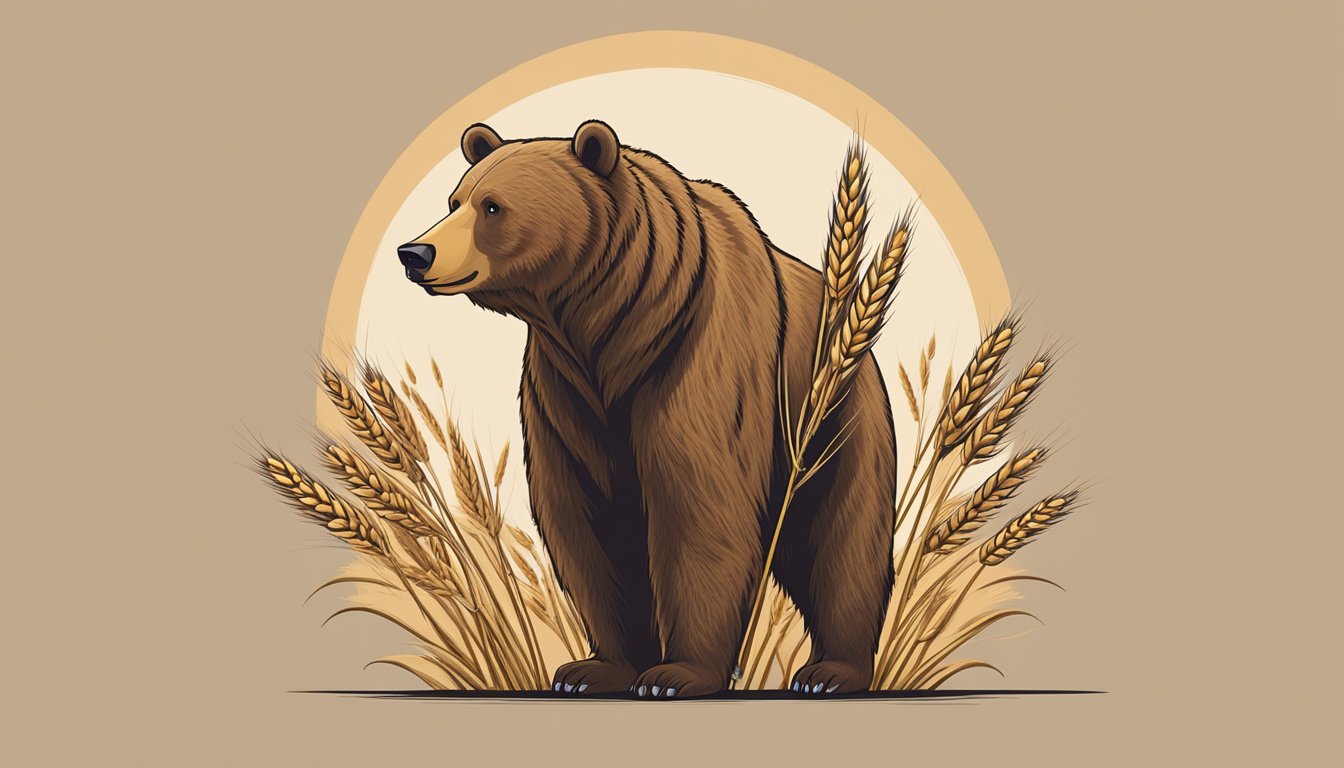 A bear and a sheaf of wheat standing side by side, each with a distinct logo on their chests