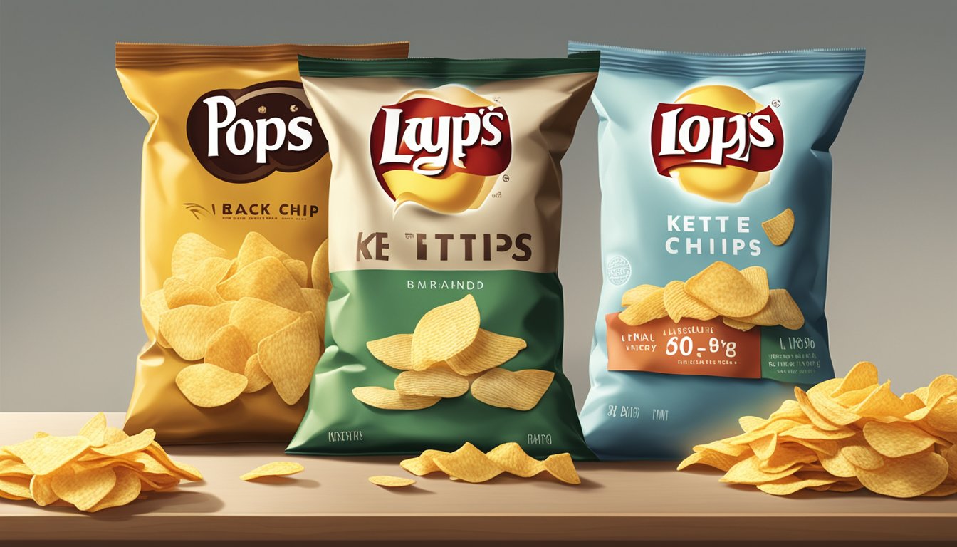 Two bags of chips, one labeled "popchips" and the other "kettle brand," sit side by side on a table, surrounded by a scattering of potato chips