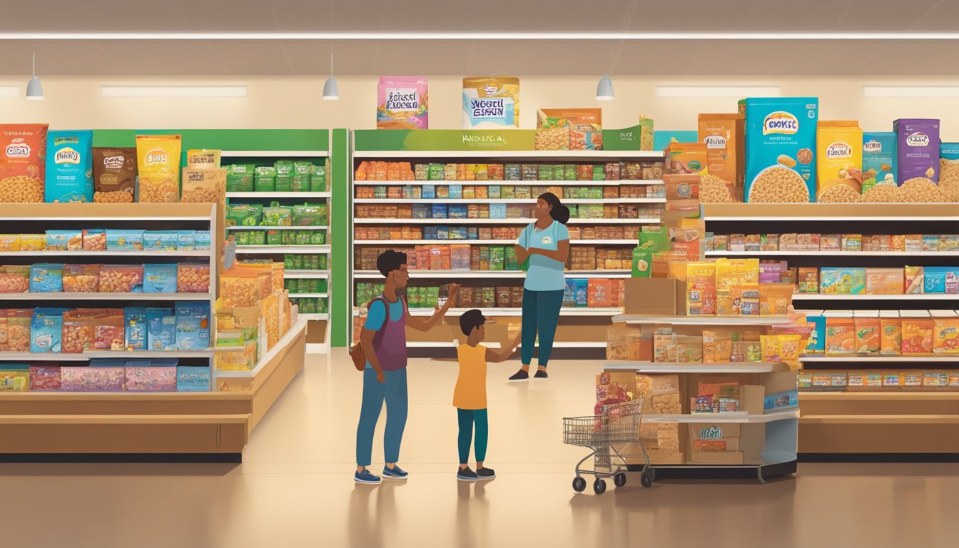 A grocery store display featuring Kashi and Bear Naked cereal boxes side by side, with customers reaching for both brands