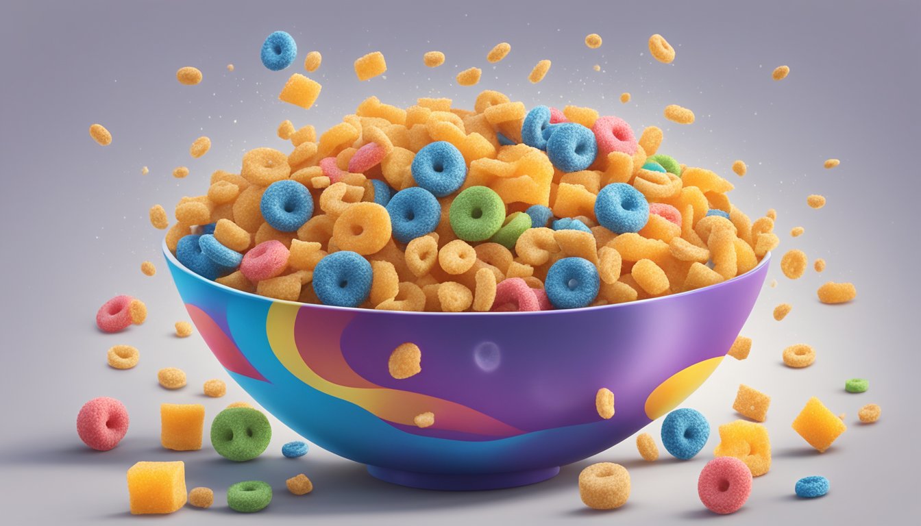 A bowl of Cap'n Crunch and a bowl of Froot Loops side by side, surrounded by scattered cereal pieces and milk splashes