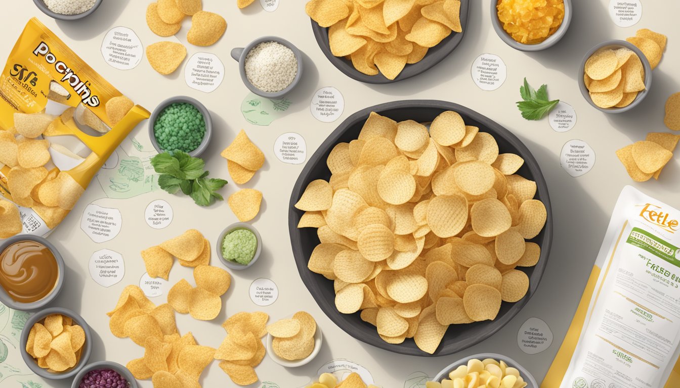 A table with two bowls of popchips and kettle brand chips, surrounded by nutritional information charts and ingredient lists