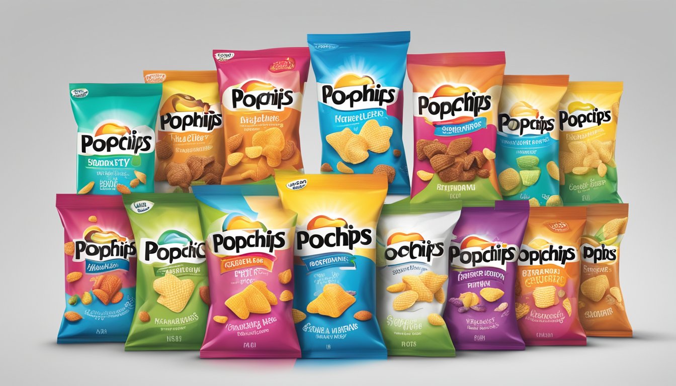 A colorful array of popchips and kettle brand snacks displayed on a table, showcasing their various flavors and packaging designs