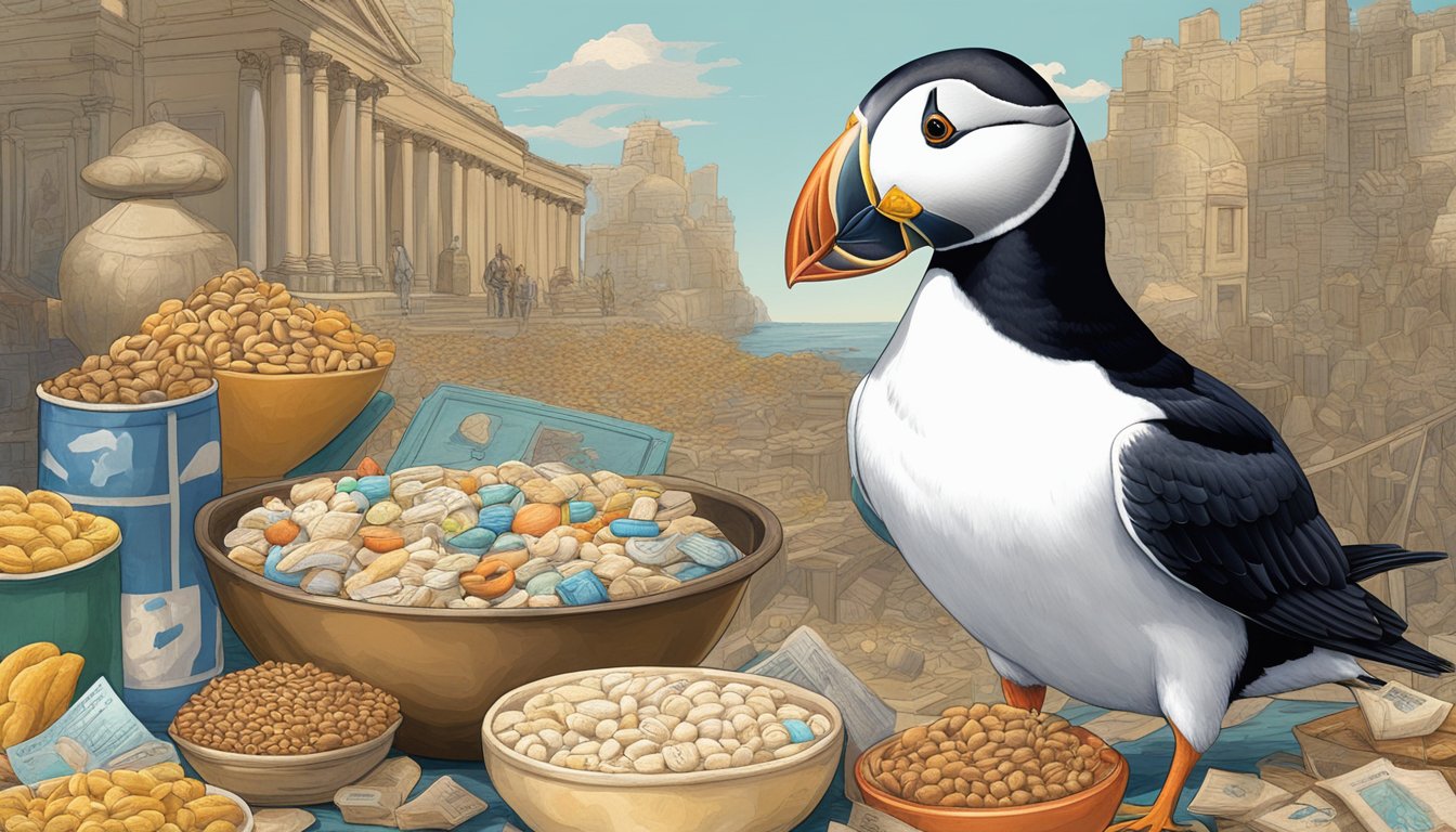 A puffin with a cereal box, surrounded by historical artifacts