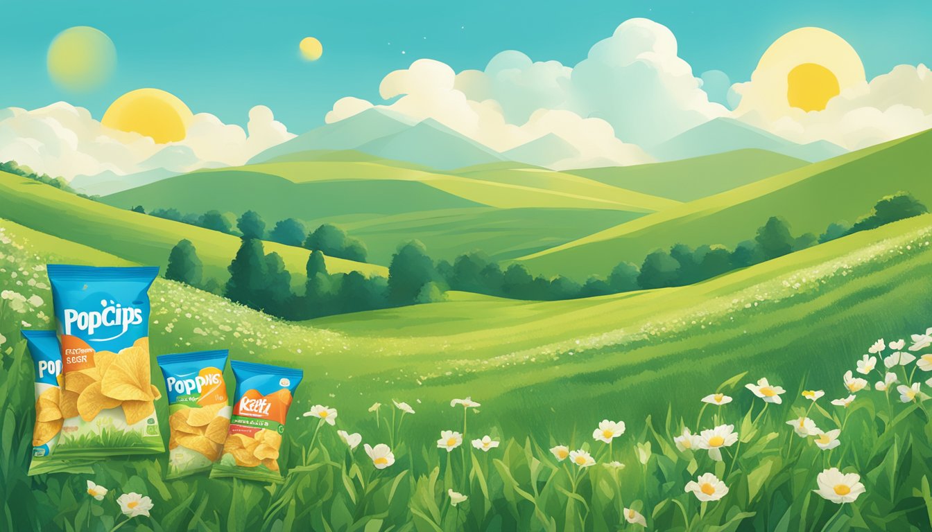 A lush green field with a clear blue sky, showcasing popchips and kettle brand products surrounded by sustainable packaging materials