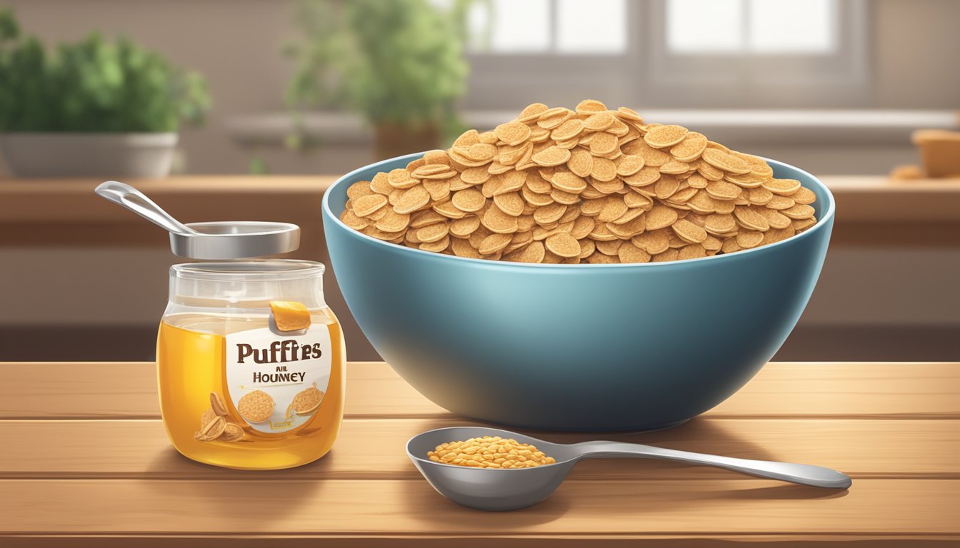 A bowl of puffins and a bowl of honey bunches of oats next to each other on a wooden table, with a measuring cup and a nutrition label in the background