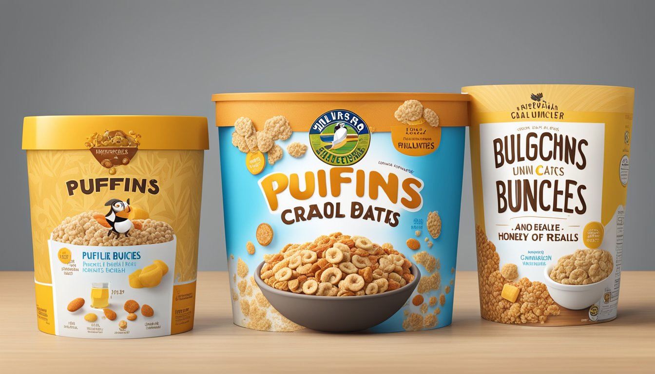 A bowl of Puffins cereal and a bowl of Honey Bunches of Oats cereal side by side, surrounded by their respective ingredient profiles