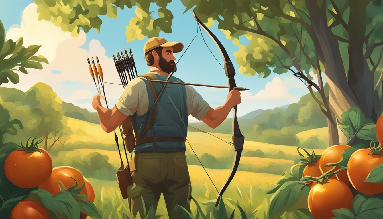 A hunter with a bow and arrow stands in a lush forest, while a farmer tends to ripe tomatoes in a sun-drenched field