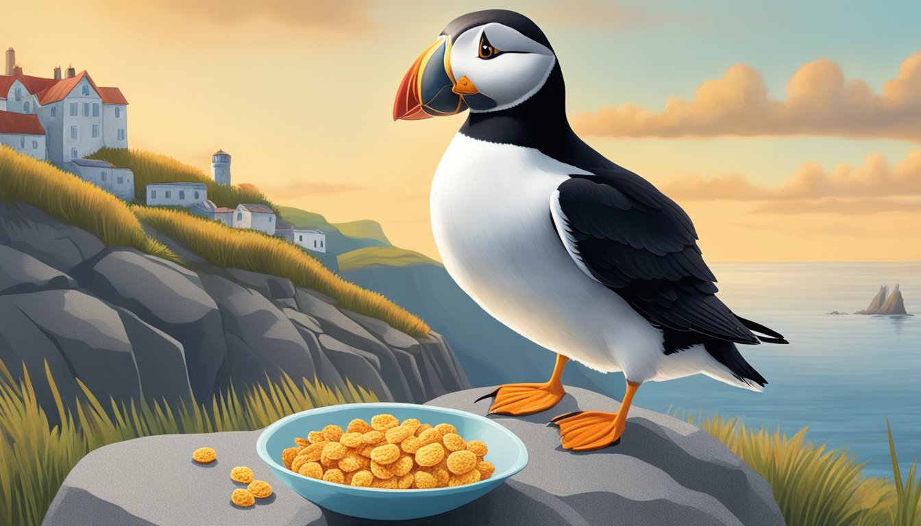 A puffin perched on a rocky cliff gazes at a bowl of honey bunches of oats cereal