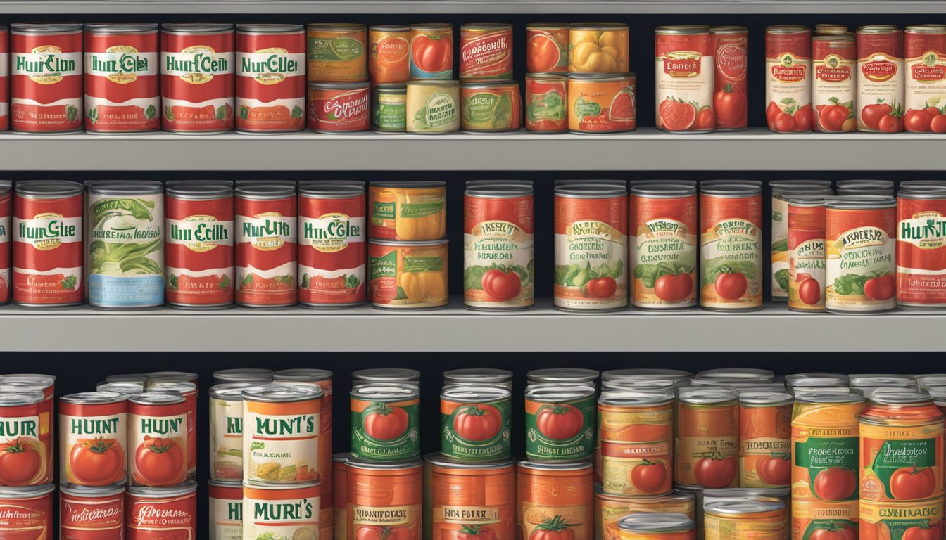 Two shelves stacked with Hunt's and Muir Glen canned tomato products