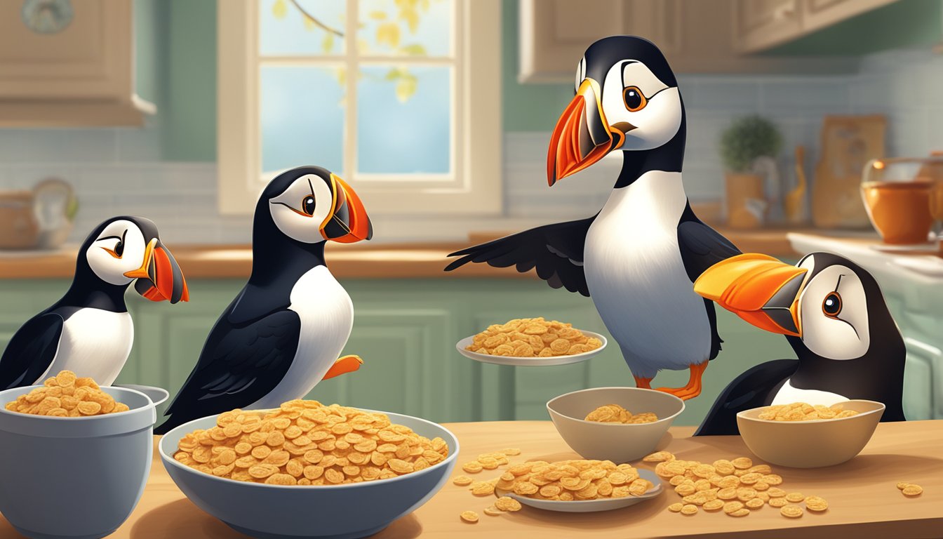 A group of puffins and a bowl of Honey Bunches of Oats cereal, with a smiling customer enjoying a bowlful in a cozy kitchen setting