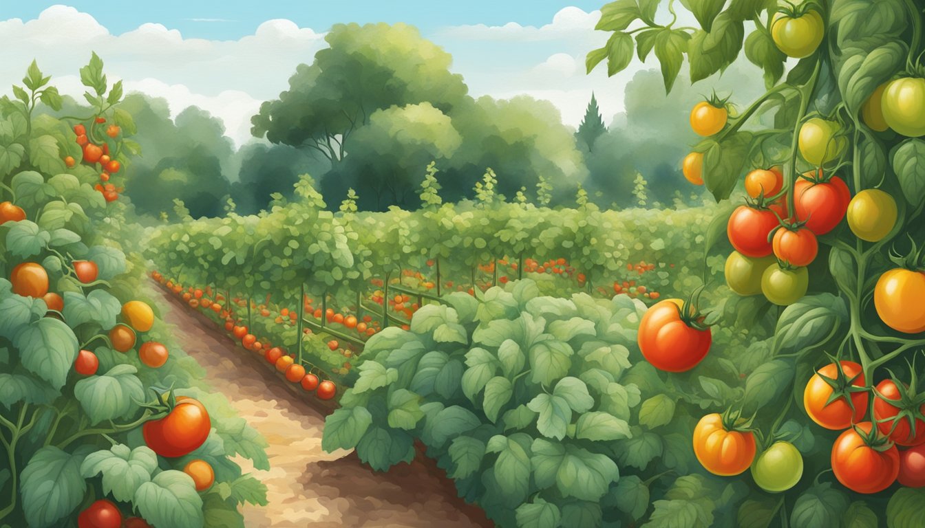 A lush, vibrant garden with rows of ripe, plump tomatoes on the vine, surrounded by fields of fragrant herbs and spices