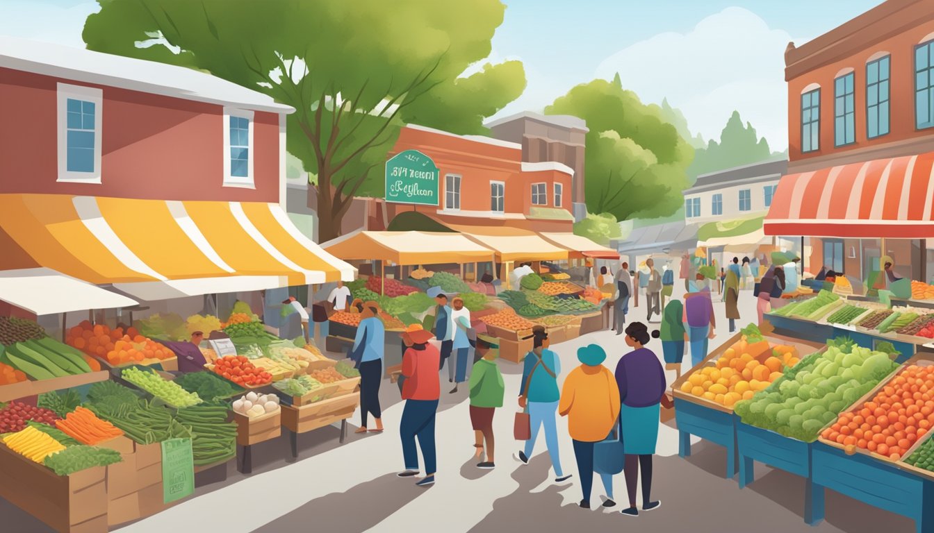 A bustling farmer's market with colorful produce stands and vendors representing Health and Nutrition and Muir Glen