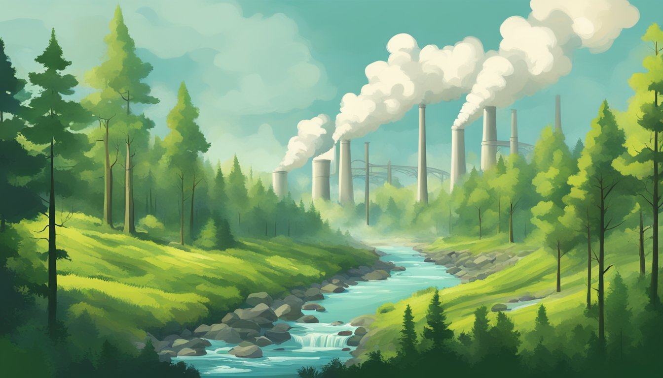 A lush forest with towering trees and a clear stream, contrasting with a factory spewing pollution into the air