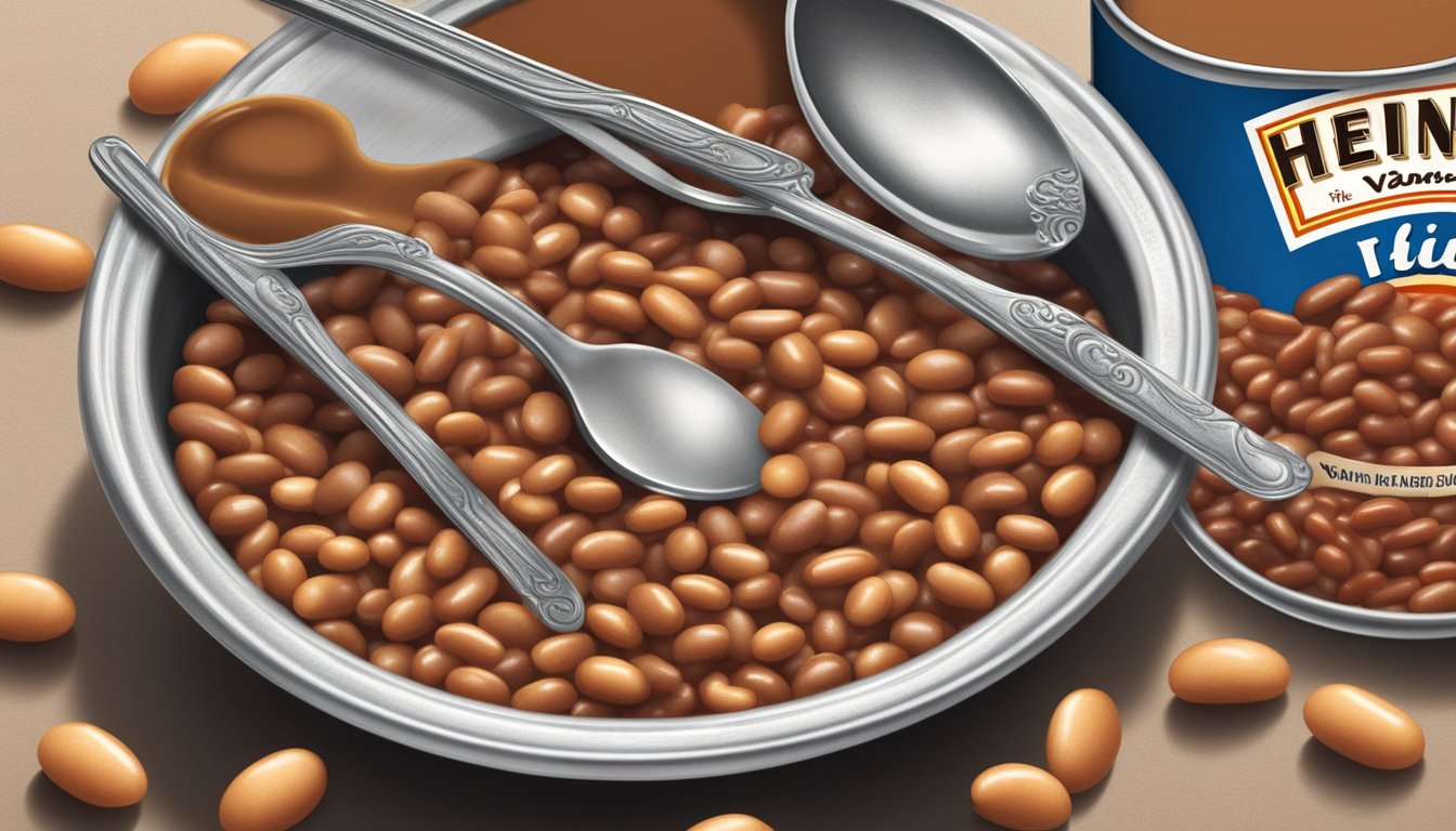 A table with two cans of baked beans, one labeled Heinz and the other Van Camp's, surrounded by scattered beans and a serving spoon