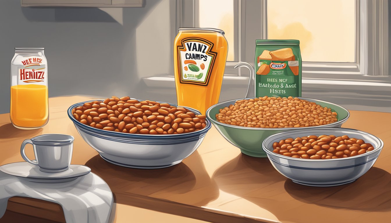 A table set with two steaming bowls of baked beans, one labeled Heinz and the other Van Camps, alongside a stack of fresh toast and a pitcher of orange juice