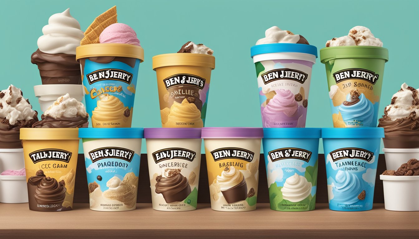 A colorful display of Talenti and Ben & Jerry's ice cream containers, showing the evolution of their packaging and branding over time