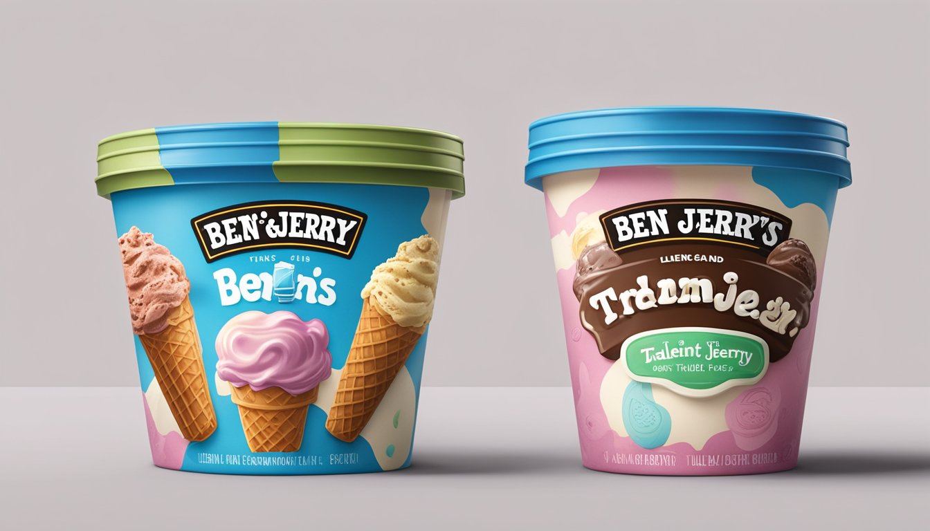 Two ice cream containers side by side, one labeled Talent and the other Ben & Jerry's. Both containers are open, revealing the creamy contents inside