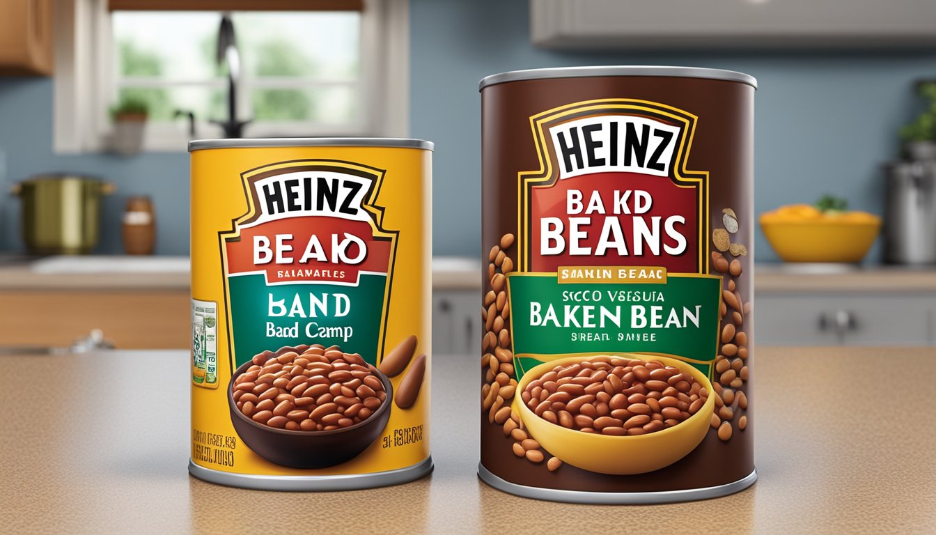 Two cans of Heinz Baked Beans and Van Camp's beans on a kitchen counter, with their respective packaging displayed next to them