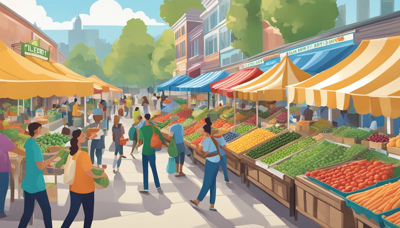 A bustling farmer's market with vendors displaying fresh, vibrant ingredients. A sign reads "Talent vs Ben & Jerry's" above two contrasting displays